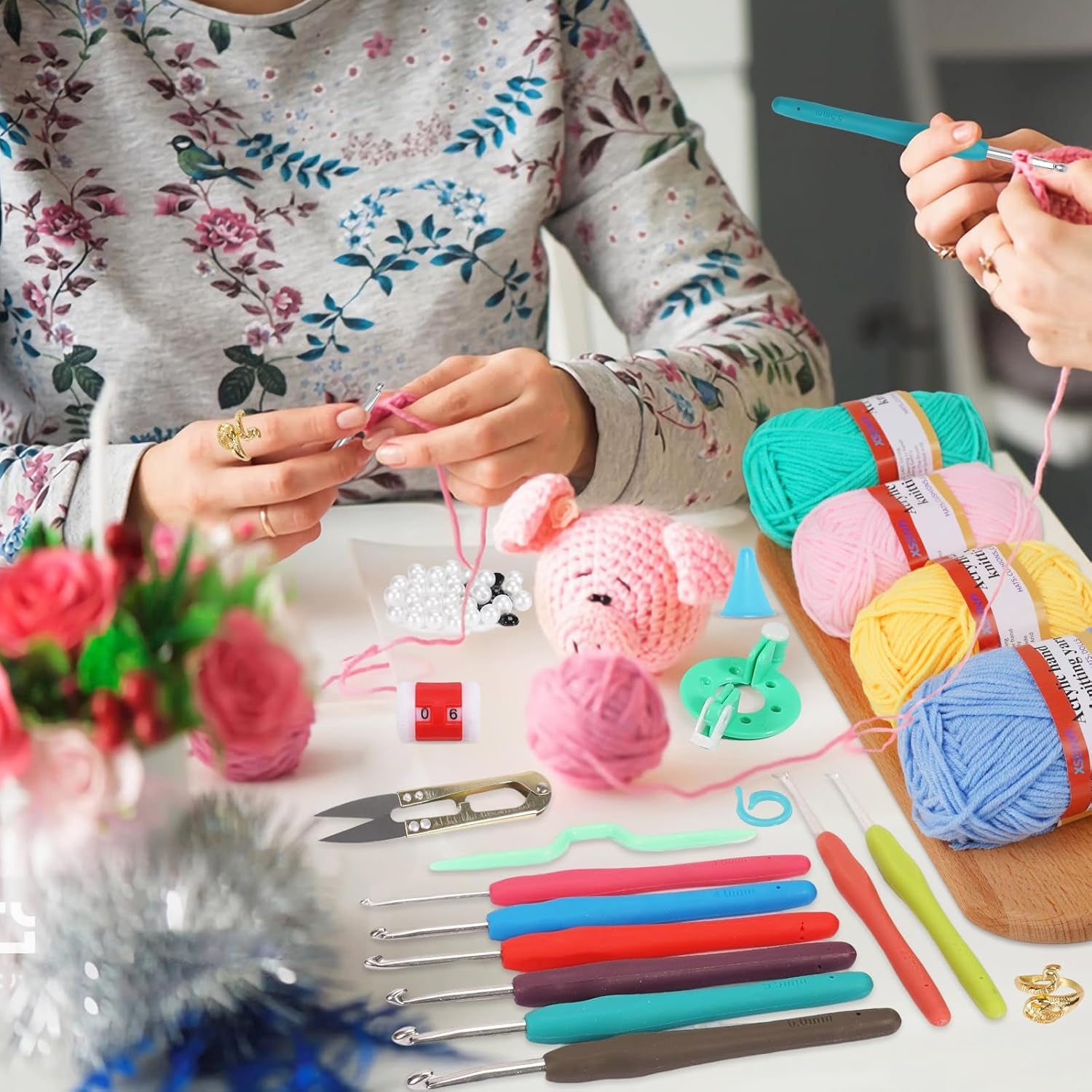 Crochet Kit with Step-By-Step Video Tutorials,Premium Bundle Includes 12 Roll X50Yard Acrylic Yarn Balls, 12 Crochet Hooks, Crochet Bag and All Accessories Kit, Crochet Kit for Beginners