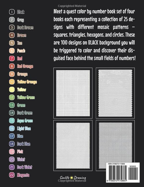 100 QUEST Color by Number: Squares + Triangles + Hexagons + Circles (BLACK Backgrounds): Color Quest Activity Book for Adults