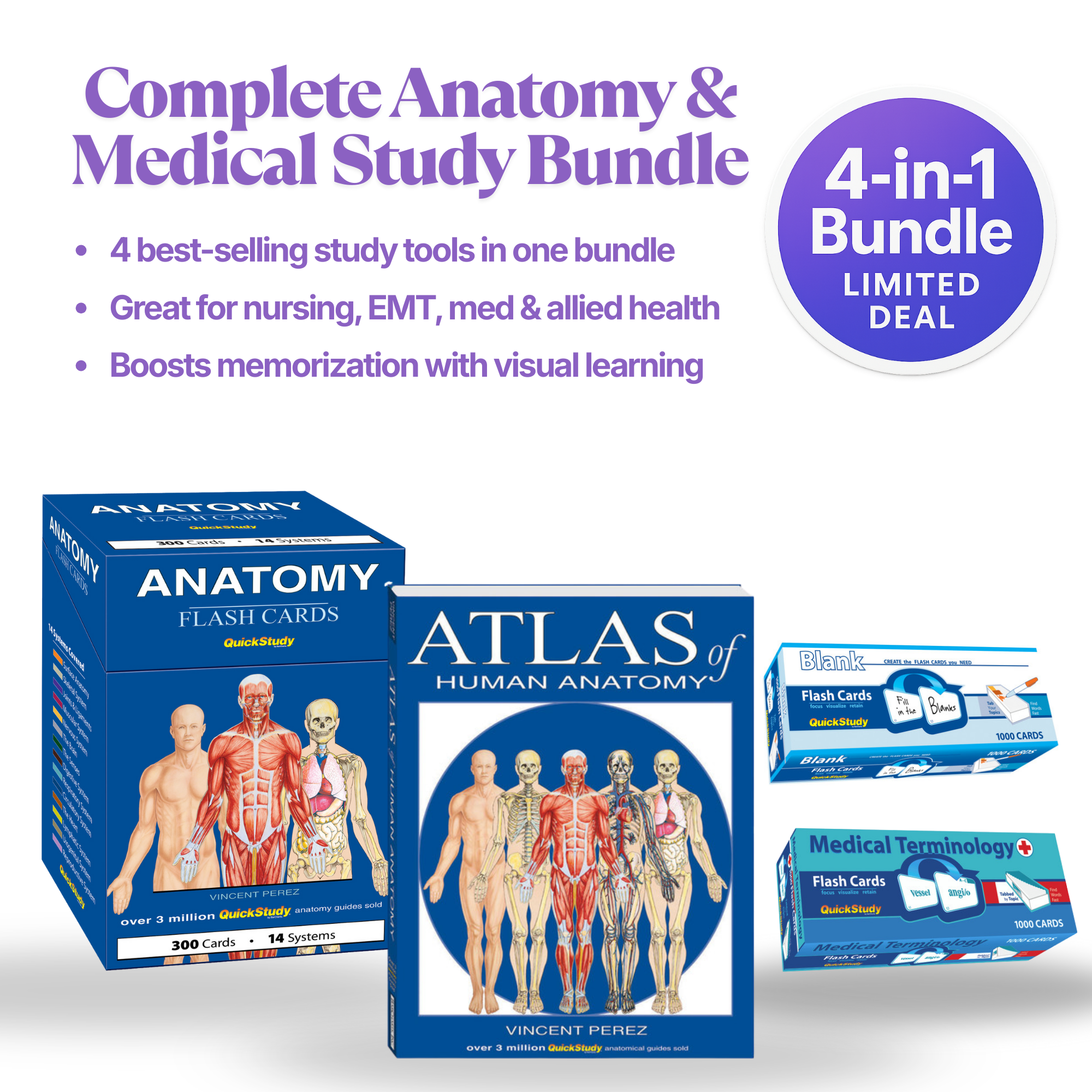 4-in-1 Anatomy & Medical Study Bundle | Anatomy Flash Cards + Atlas + Medical Terminology