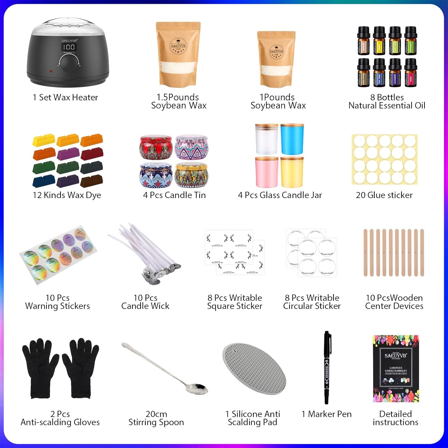 Candle Making Kit with Hot Plate Full Set - for Adult - DIY Starter Soy Candle Making Supplies - Perfect as Home Decorations
