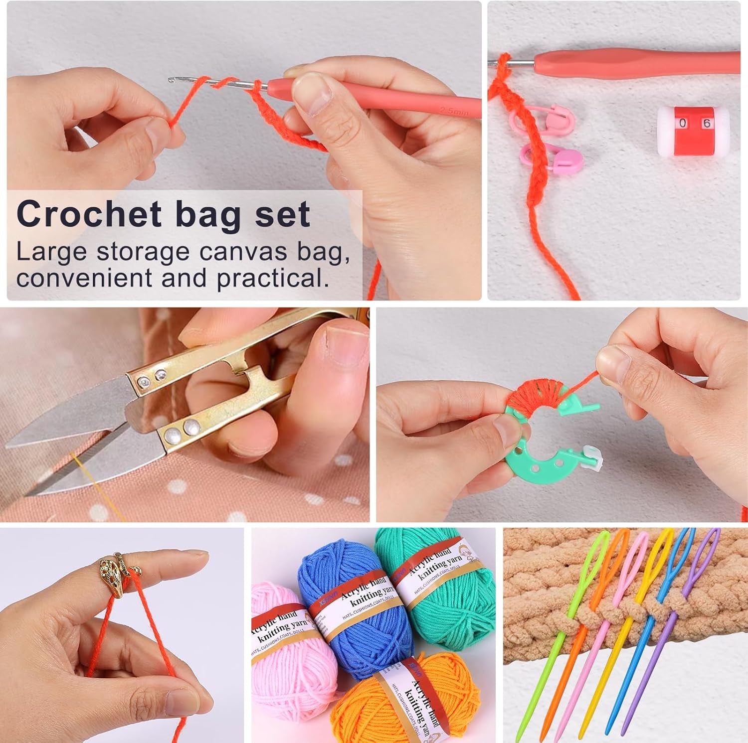 Crochet Kit with Step-By-Step Video Tutorials，Premium Bundle Includes 12 Roll X50Yard Acrylic Yarn Balls, 12 Crochet Hooks, Crochet Bag and All Accessories Kit, Crochet Kit for Beginners