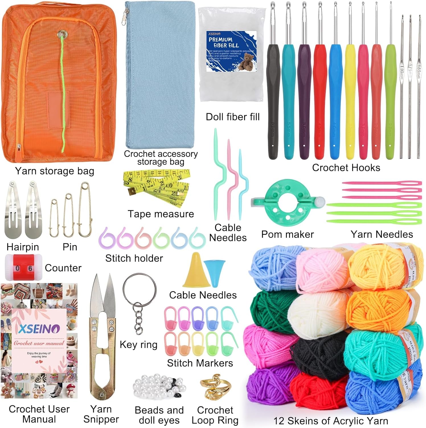 Crochet Kit with Step-By-Step Video Tutorials，Premium Bundle Includes 12 Roll X50Yard Acrylic Yarn Balls, 12 Crochet Hooks, Crochet Bag and All Accessories Kit, Crochet Kit for Beginners